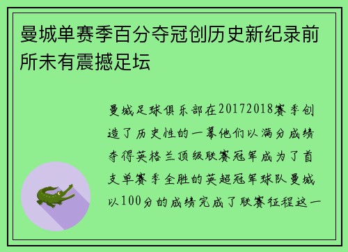 曼城单赛季百分夺冠创历史新纪录前所未有震撼足坛 曼城单赛季百分夺冠创历史新纪录前所未有震撼足坛